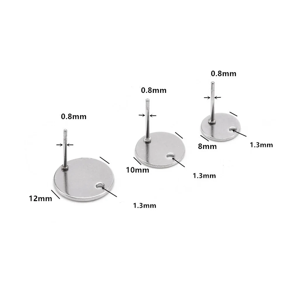 Base de boucle d'oreille ronde en acier inoxydable avec trou pour bijoux, goujon d'oreille bricolage, fournitures exécutives, accessoires de résultats, artisanat de charme, 8mm, 10mm, 12mm