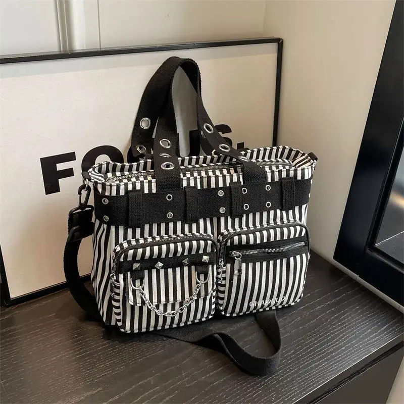 

Canvas Bag Women Tote Bag Big Capacity Suitable Crossbody Spring 2025 New Versatile Going Out One-shoulder Carry Striped Package