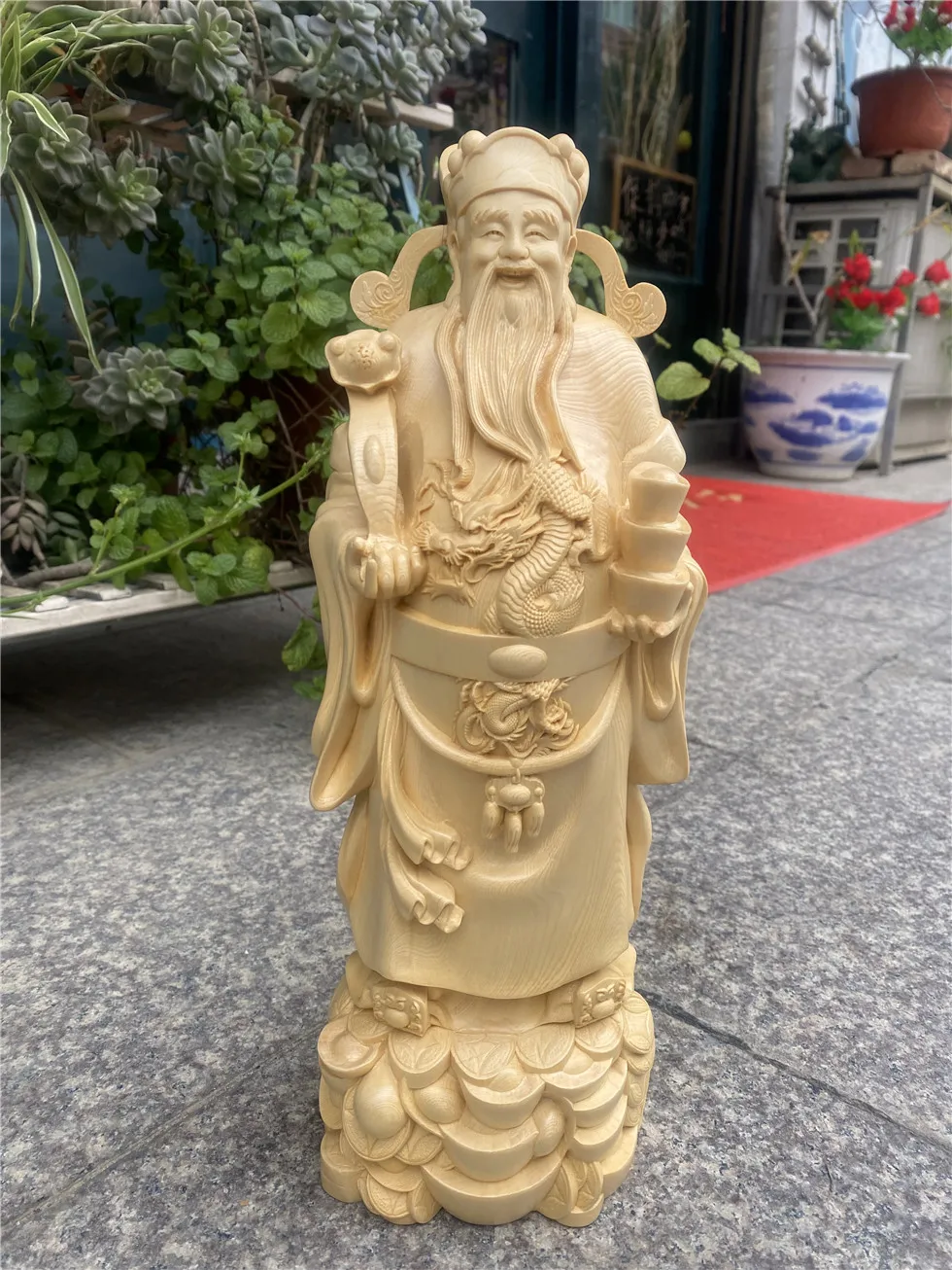 Large Hand Carved Juniper Wood Wealth God Statue Cai Shen Figurine Ornament Prosperity Fortune Feng Shui Home Office Business