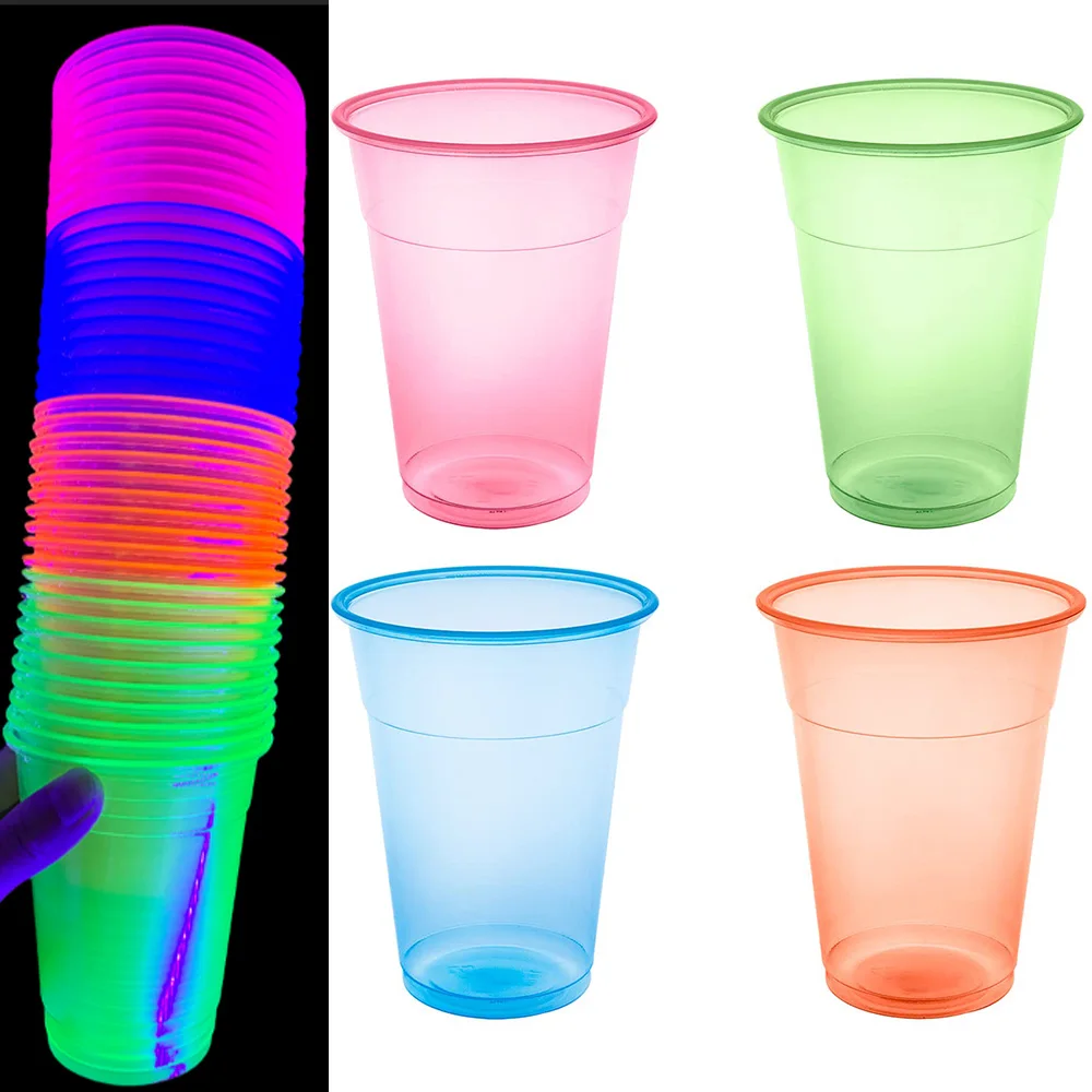 

40 Pcs Party Essentials Soft Plastic 12-Ounce Party Cups Tumblers Assorted Neon Glow Cups Under UV Black Light Plastic Neon Cups