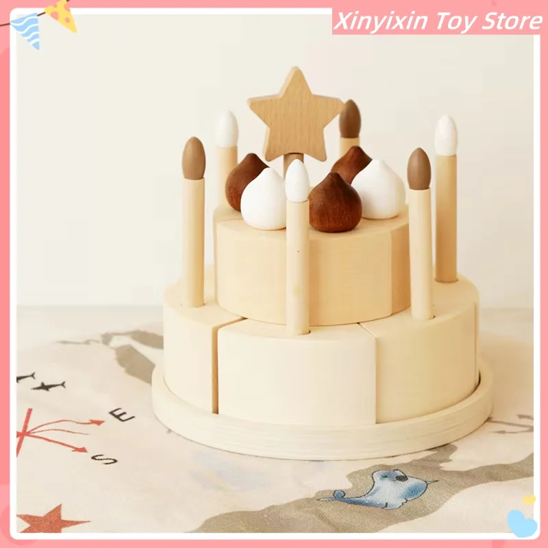 Modèle de gâteau d'anniversaire en bois pour enfants, outils de jeu pour enfants, décorations pour la maison, jouets intelligents faits à la main pour bébé