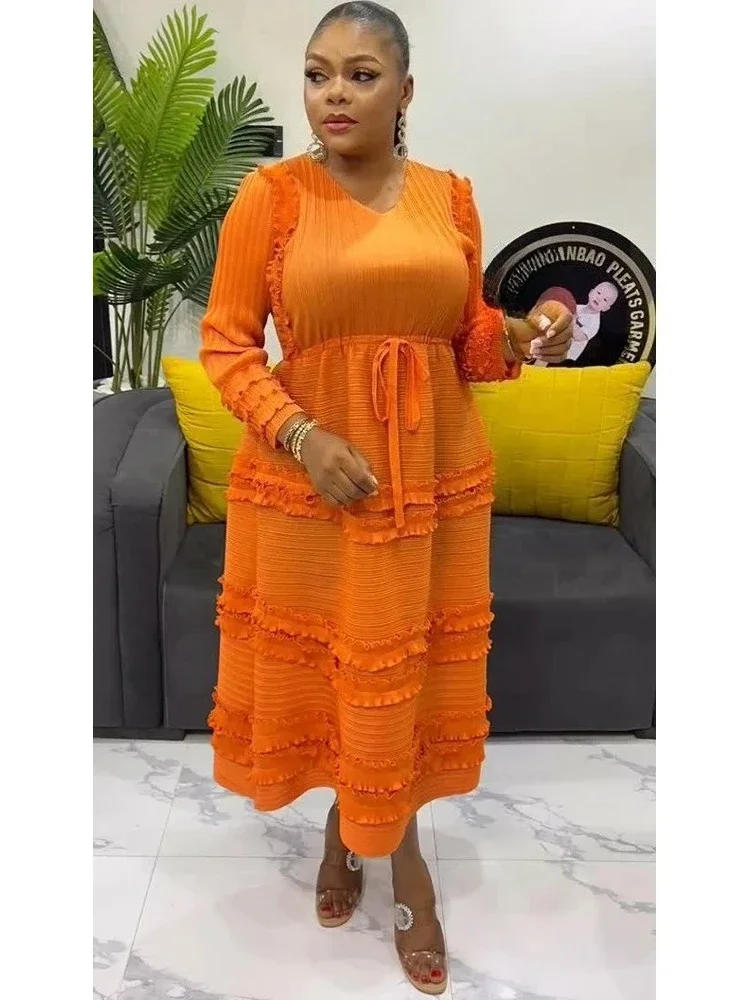 Vestido plisado elegante para mujer, cuello redondo, manga larga Floral 3D, diseño empalmado de hongos, vestidos acampanados, moda de fiesta, nuevo 2025