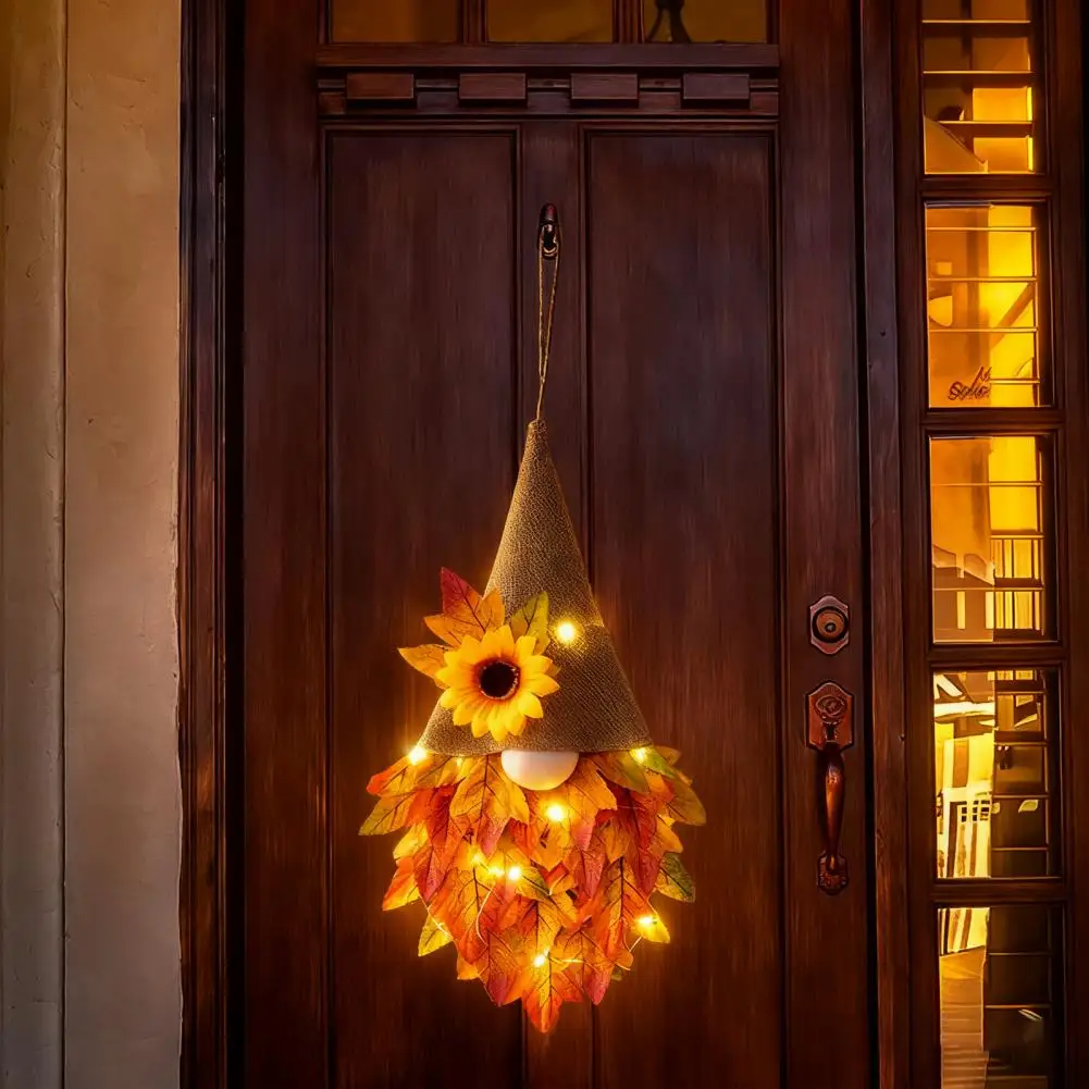 Maple Leaf Wreath Fall Artificial Garland Thanksgiving Maple Leaf Gnome Wreath with String Lights Indoor Outdoor Front Door