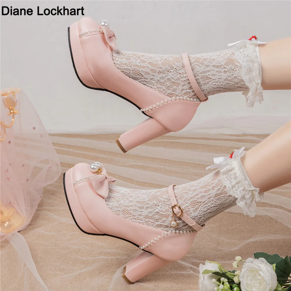 

Ladies Heels Platform Cute Bow Lace Princess Mary Jane Lolita Shoes Party Wedding High Heel Buckle Women Pumps Girls Sweet 32-46