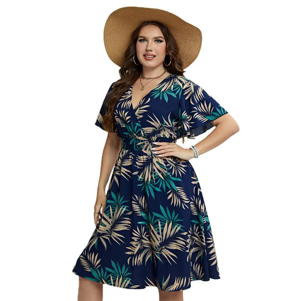 

Plus Size Dress Elegant Leaf Print Maxi Dress for Women Comfortable V-neck Summer Dress with Elastic for Outdoor