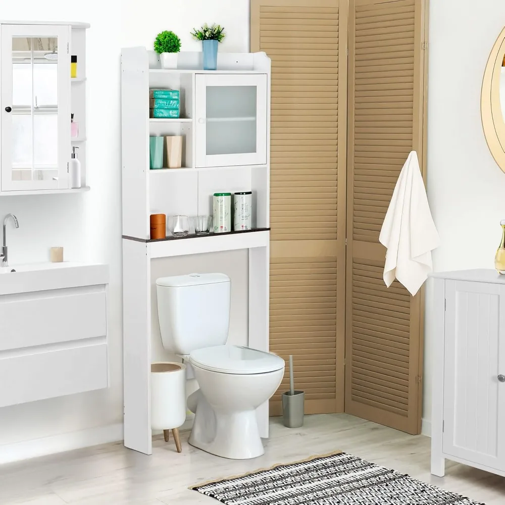 Sopra il wc mobiletto del bagno organizzatore da bagno indipendente in legno con ripiani regolabili e porta in vetro, bianco