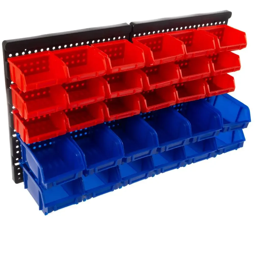 Garage Storage Bins Wall-Mounted Organizer Red/Blue 30-Compartment