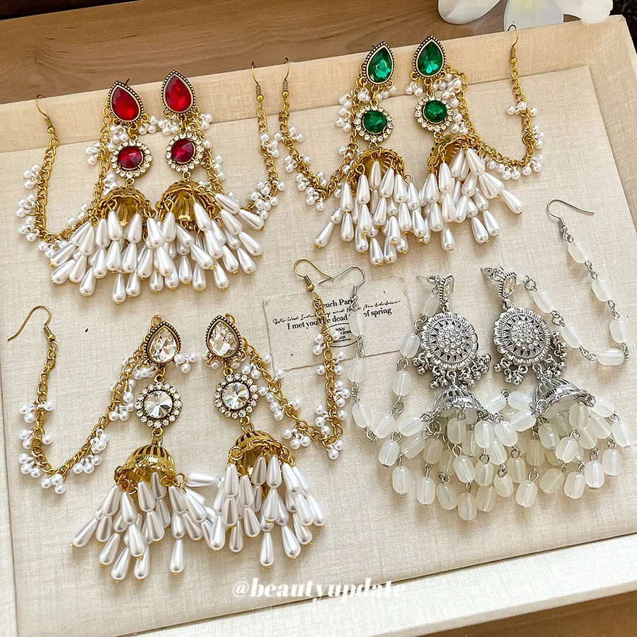 Exotic Golden Chime Tassel Chandelier Earrings Layered Teardrop Beaded Fringe Traditional Festive Statement Ear Ornaments