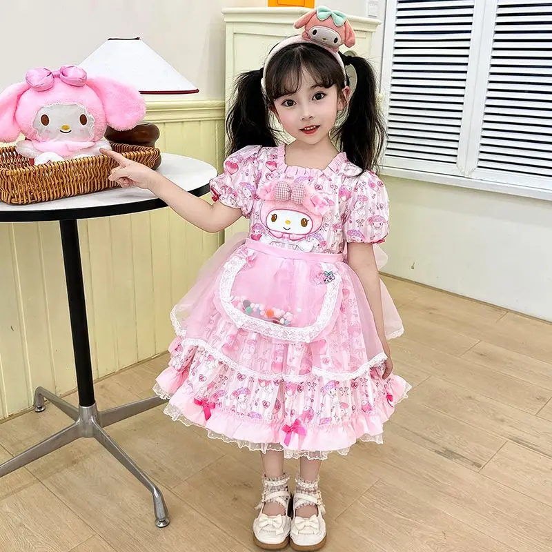 Girls Dress Summer Kawaii Anime My Melody Girls Cute Lolita Princess Skirt Fashion Short Sleeve Veil Birthday Party Dress Gift