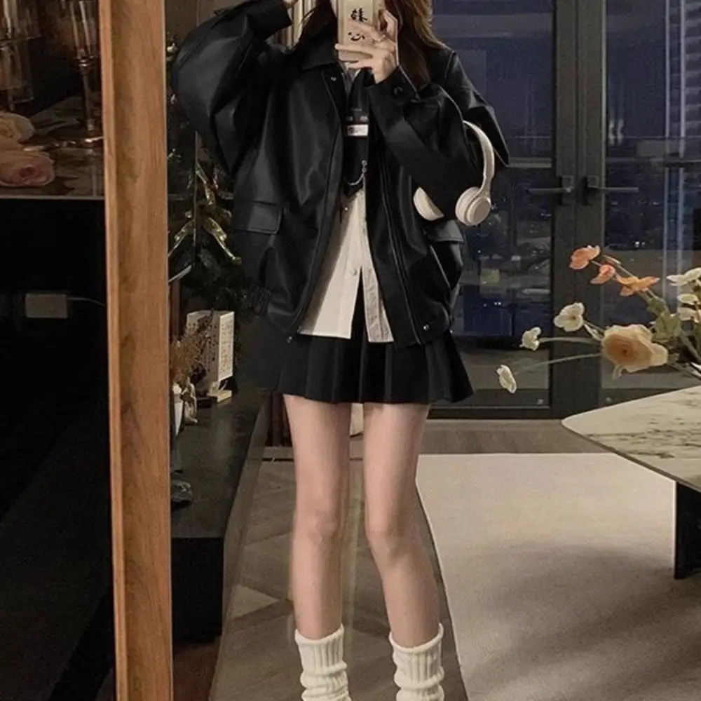 Fashion Pleated Leather Jacket Women Lapel Collar Korean Chic Vintage PU Coats Outerwear Retro Zipper Overcoat Streetwear