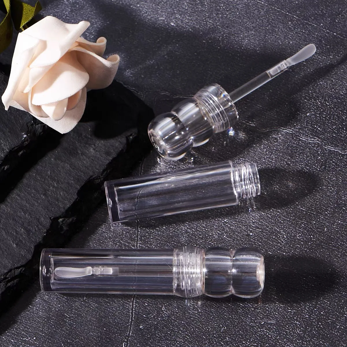 50pcs New All Transparent 3ML Empty Gourd Lip Gloss Bottle Round Makeup Packaging Clear Plastic Lipgloss Tube With Flat Brush