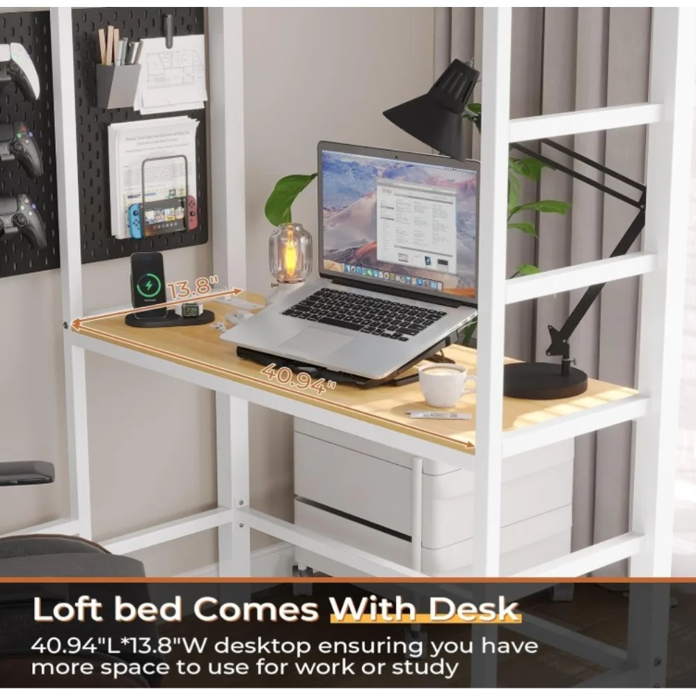 Loft Bed Twin Size with Desk and Charging Station Metal Loft Bed with Led Lights,Storage Shelves and Drawers Twin Size Bed image 6