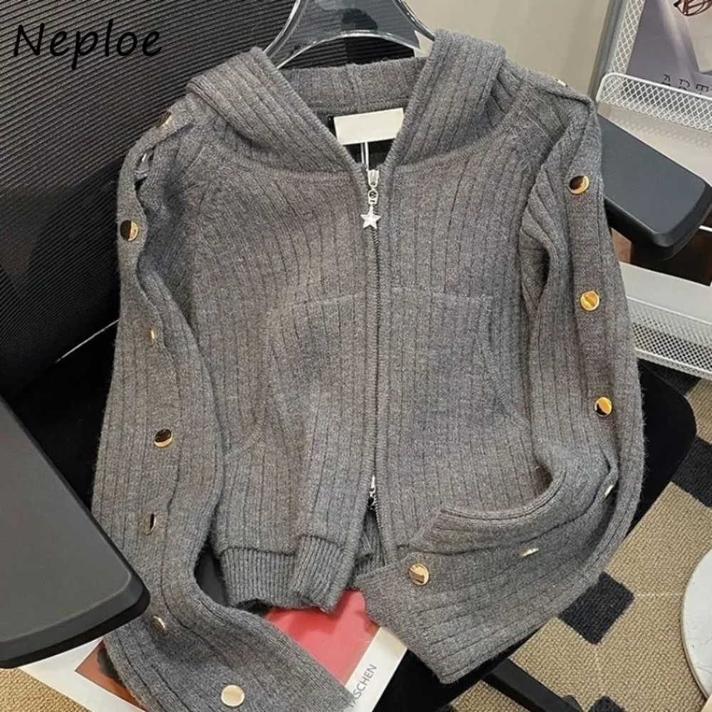 Neploe Simple Loose All-match Knit Solid Cardigan Korea Chic Hooded Short New Moda Jumper Vintage Casual Minority Zip Knitted