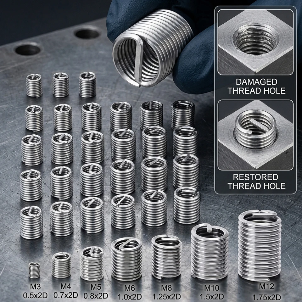 60pcs 304 Stainless Steel Wire Thread Inserts M3 M4 M5 M6 M8 M10 M12 Metric Helicoil Screw Thread Repair Insert Sleeve Kit