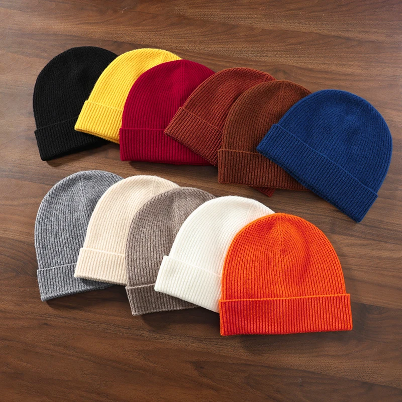100% Merino Wool Unisex Flanging Screw Cap Warm Knit Casual Hat For Men and Women Autumn and Winter Solid Color Joker Beanie Cap