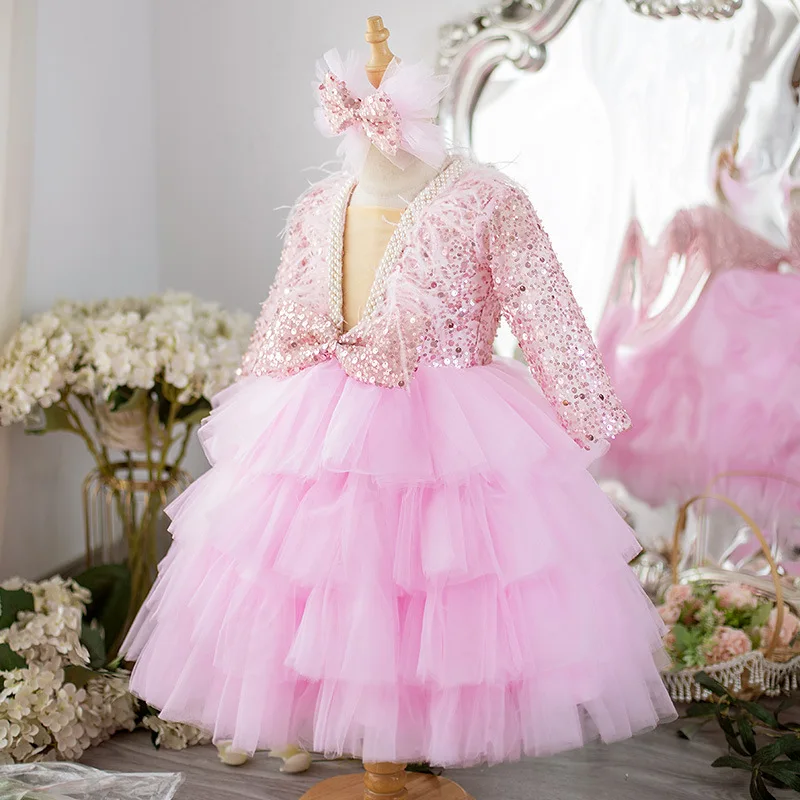 Girls Performance Dress for Piano Recital & Catwalk V-Neck Sequin Mesh Tutu with Elegant Long Sleeves Flower Girl Princess Gown