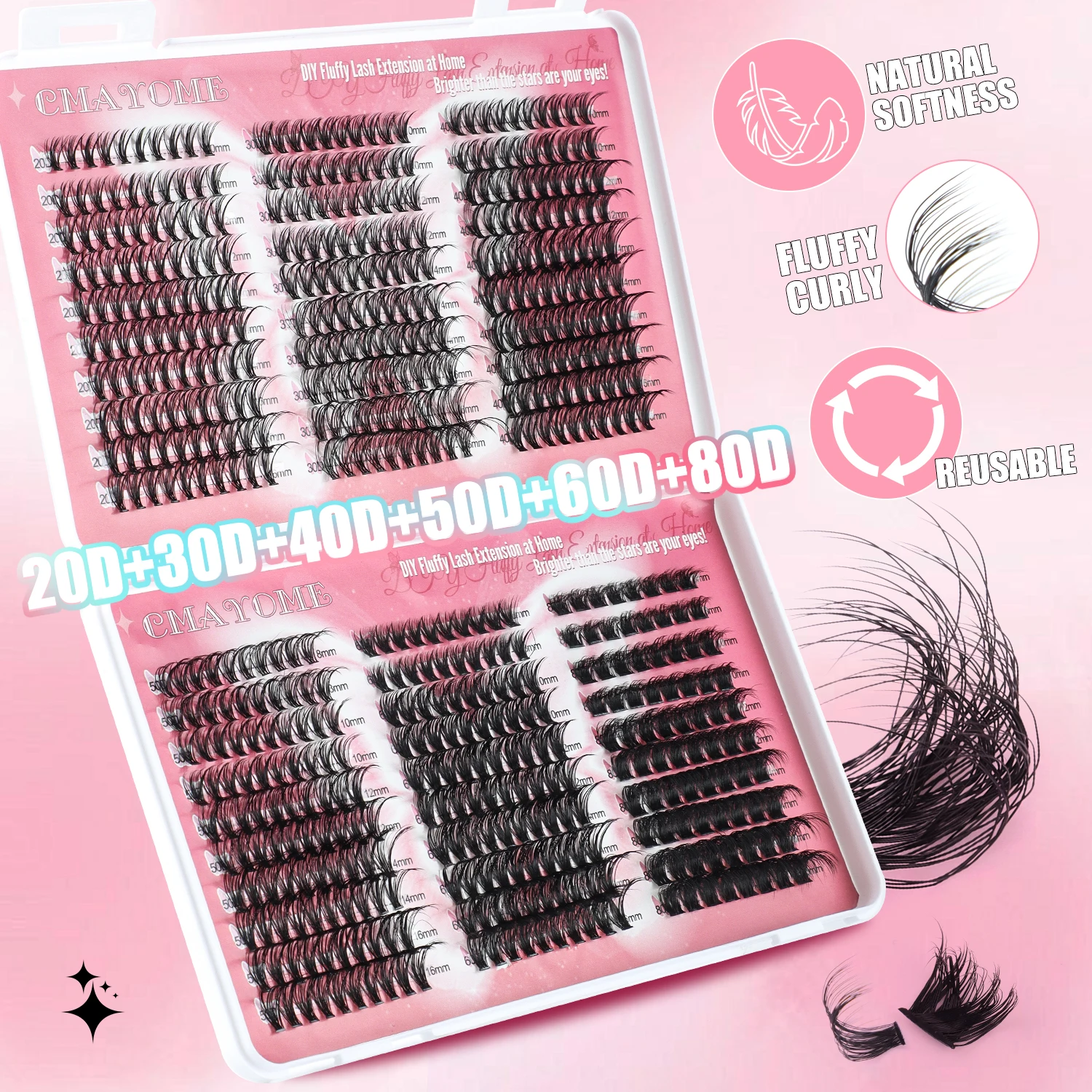 DIY580 cluster wispy mixed length, 20D/30D/40D/50D/60D/80Dcurled lashes soft light natural, makeup tools, Individual Lashes Kit