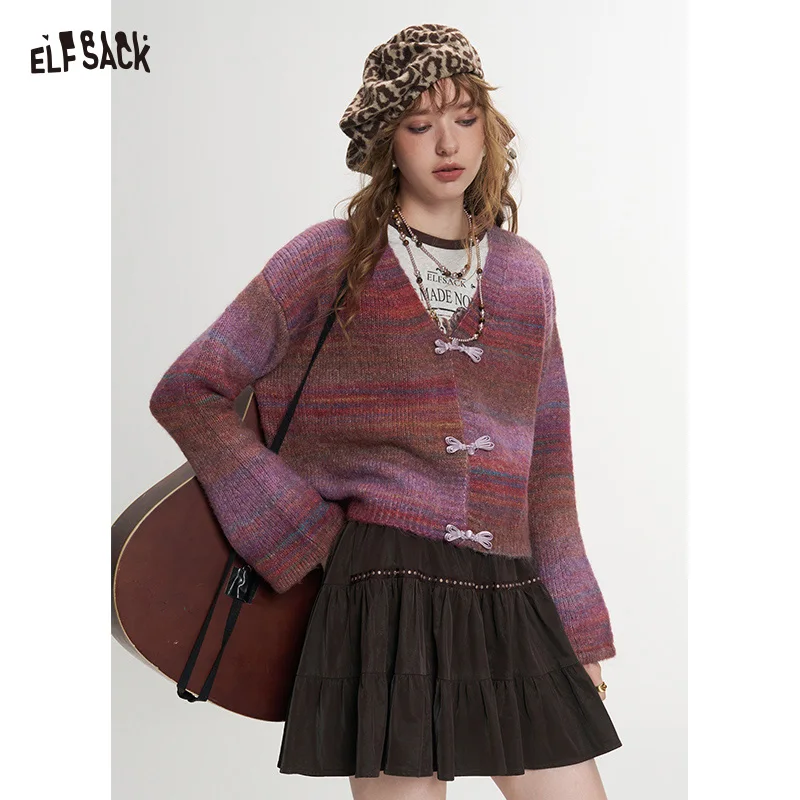 ELFSACK Women Cropped V‑Neck Knit Cardigan with Neo‑Chinese Frog Buttons, Y2K Gradient Striped Sweater for Fall Daily Outfit