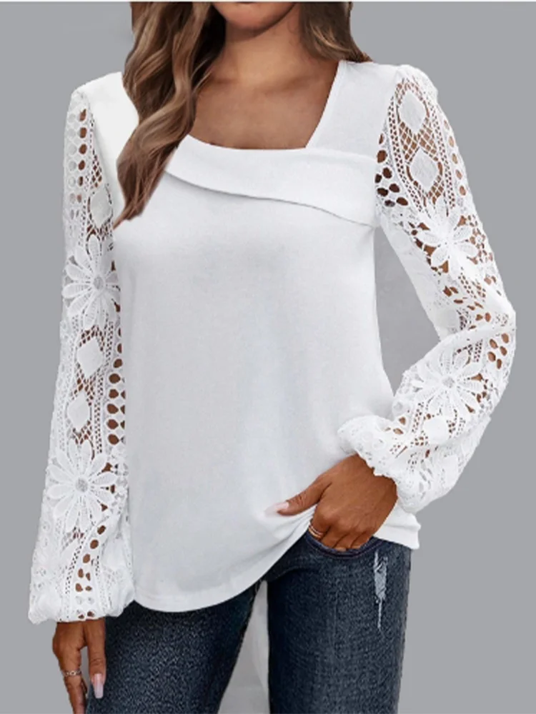 

Slant Neck Solid Color Long Sleeved Lace Printed Women's Shirt Fashionable Elegant Office Urban Style Spring Top