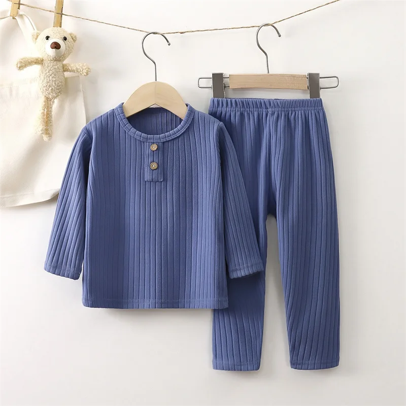 Baby Warmer Dünner Fleece-Pyjama-Set Herbst Winter Jungen Langarm Rippstrick 2-teilig Kleinkind Kinder Schlafanzug Säugling Hauskleidung – Detail 8