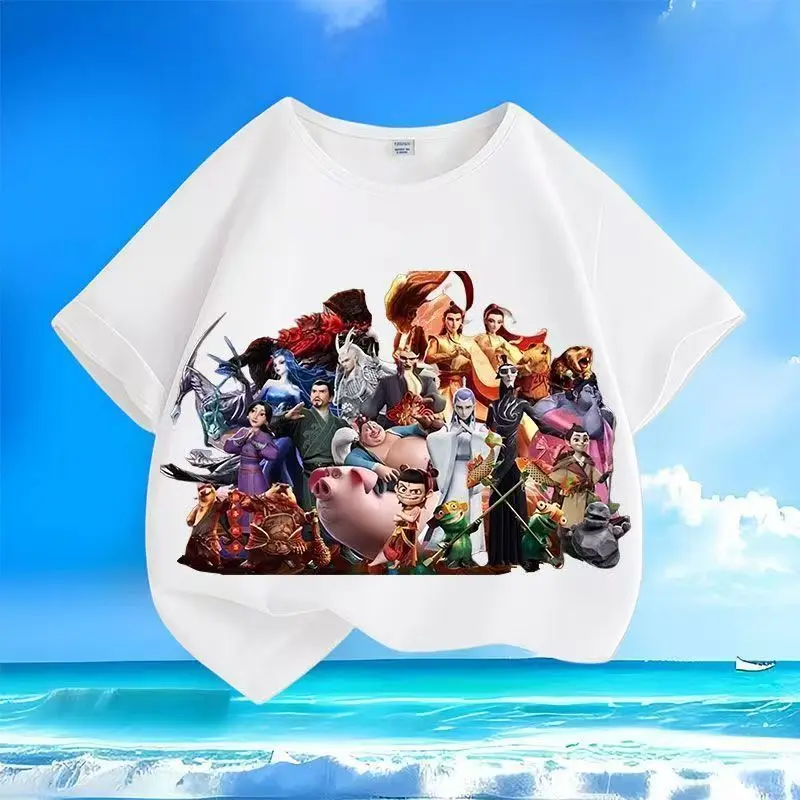 Summer new Nezha 2 Demon Boy all boys and girls small and medium children short-sleeved round neck casual loose top t-shirt