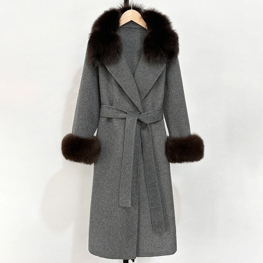 Oftbuy casaco de pele feminino real gola de pele de raposa lã mistura casaco moda quente dupla face cashmere jaqueta de lã novo outono inverno