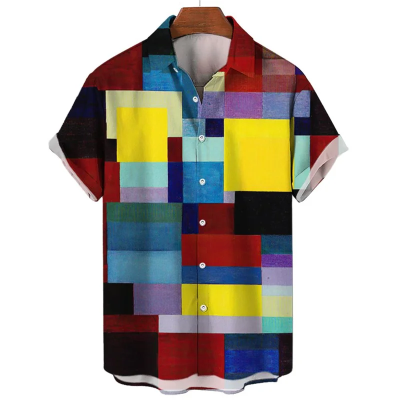 

Rainbow Plaid Graphics Hawaiian Shirts Fashion Trend Short Sleeve Lapel Colorful Printed Shirts Summer Casual Loose Mens Blouse