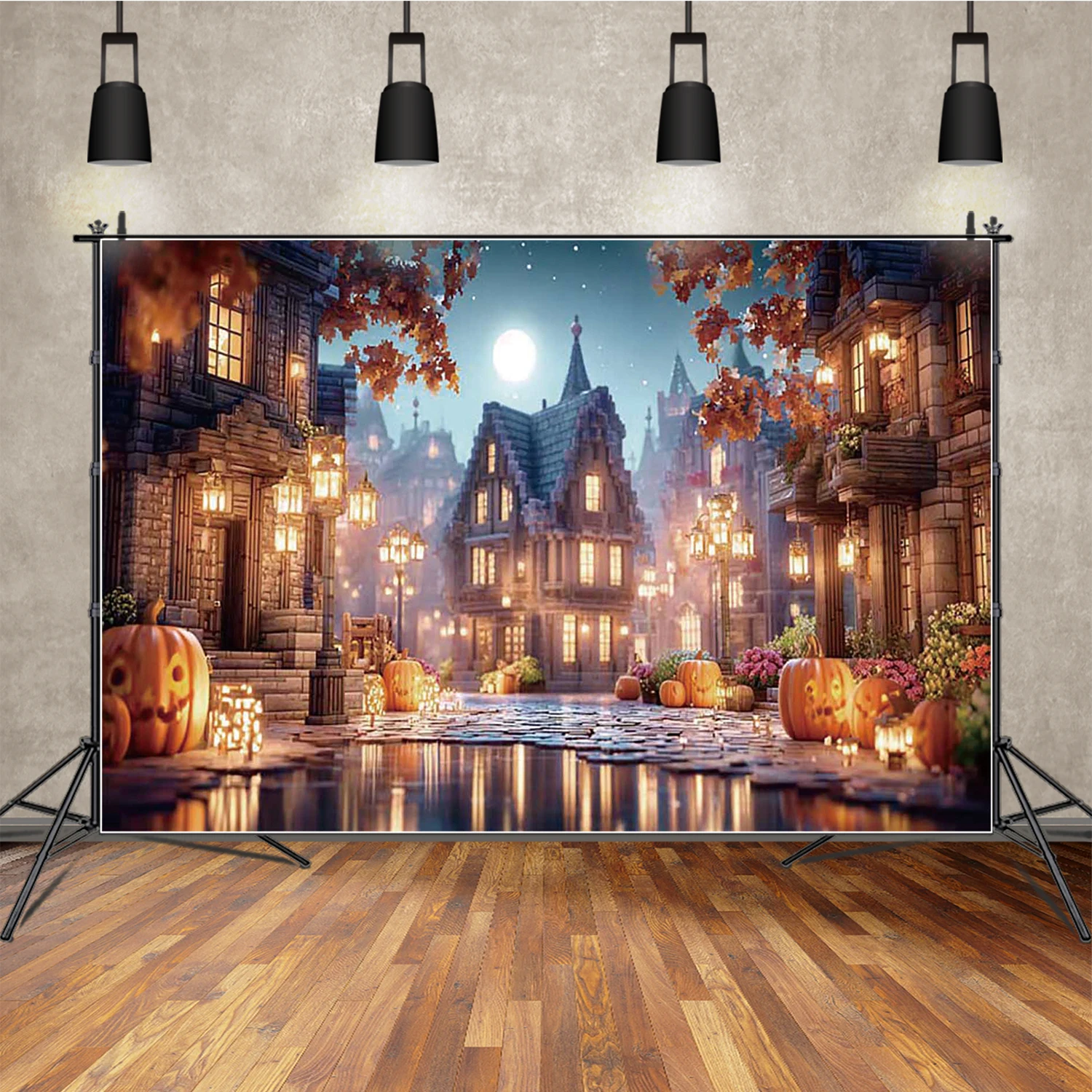 

MOON.QG Town Halloween Backdrop Autumn Leaves Street Lamps Photographic Background Studio Kids Shooting Decoration Accessories