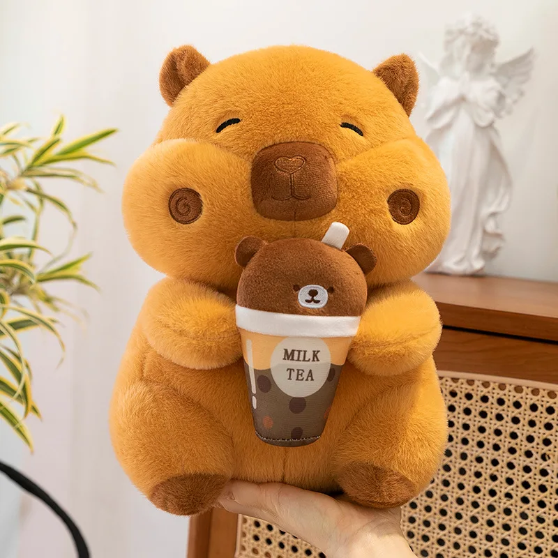 Kawaii Plush Toy Capybara Holding Milk Tea Cup Stuffed Doll Kids Birthday Gift Large Cuddly Animal for Children Sleep Companion