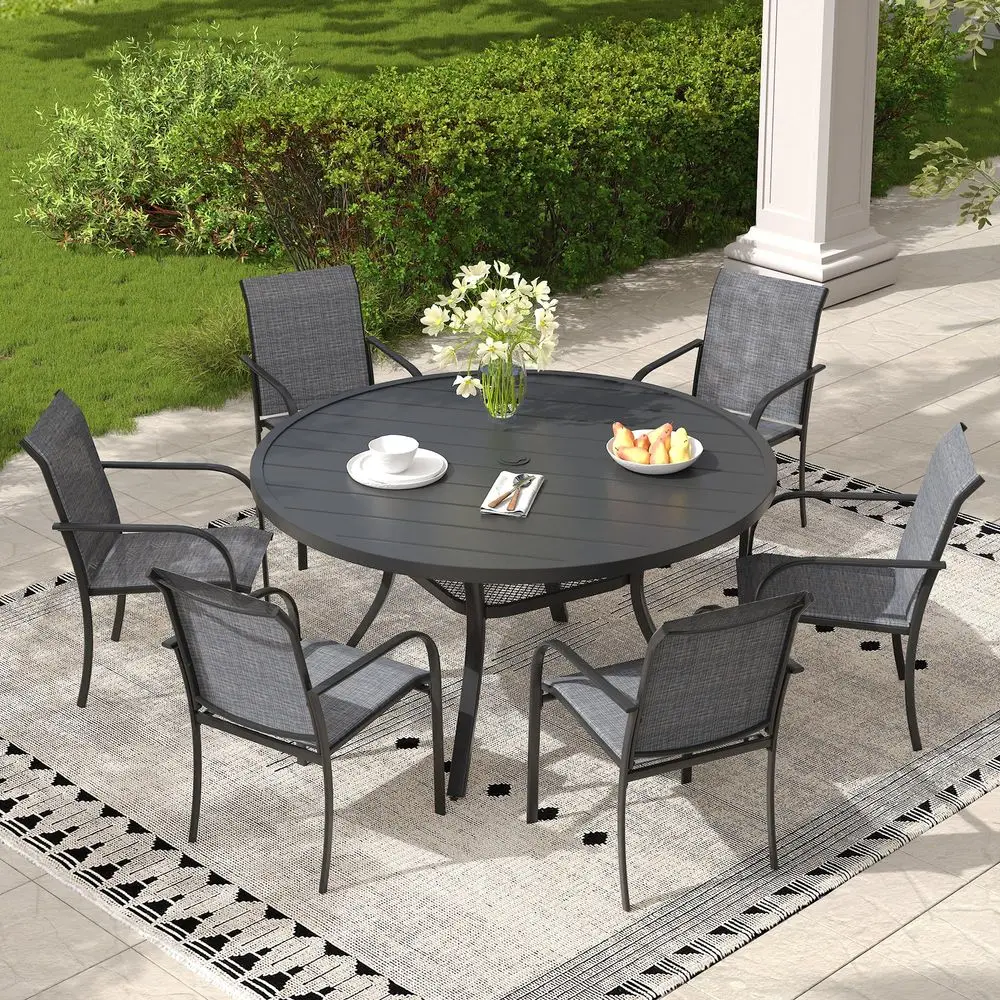 

Pieces Outdoor Dining Set, Stackable Textilene Patio Chairs amp 47.2 Round Dining Table with Umbrella Hole and Shelf, Patio Din
