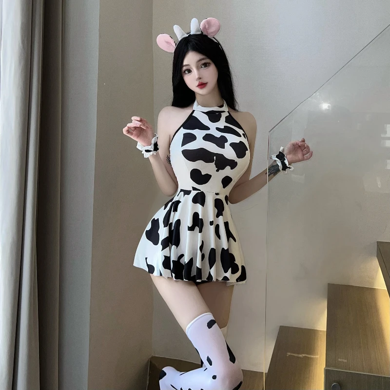 Uniforme de Cosplay de sirvienta de vaca linda, traje de vaca de leche Sexy, lencería de seducción, Anime, Lolita, Gato juguetón, vestido estampado, conjunto sexual para adultos