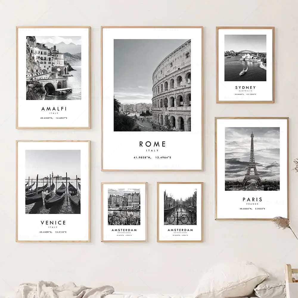 Black White Travel Canvas Painting Italy Australia Netherlands Landscape Poster Paris Venice Rome Prints Wall Picture Home Decor