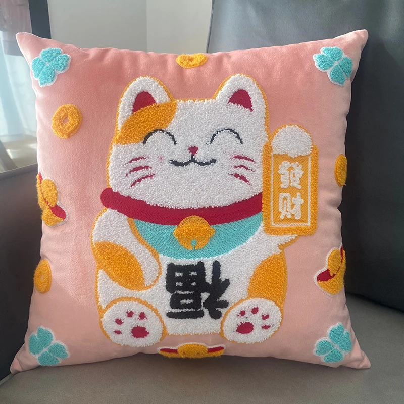 Cartoon Lucky Rich Cat Embroidered Pillowcase Back Cushion Cover Sofa Home Decor Kids Child Gift