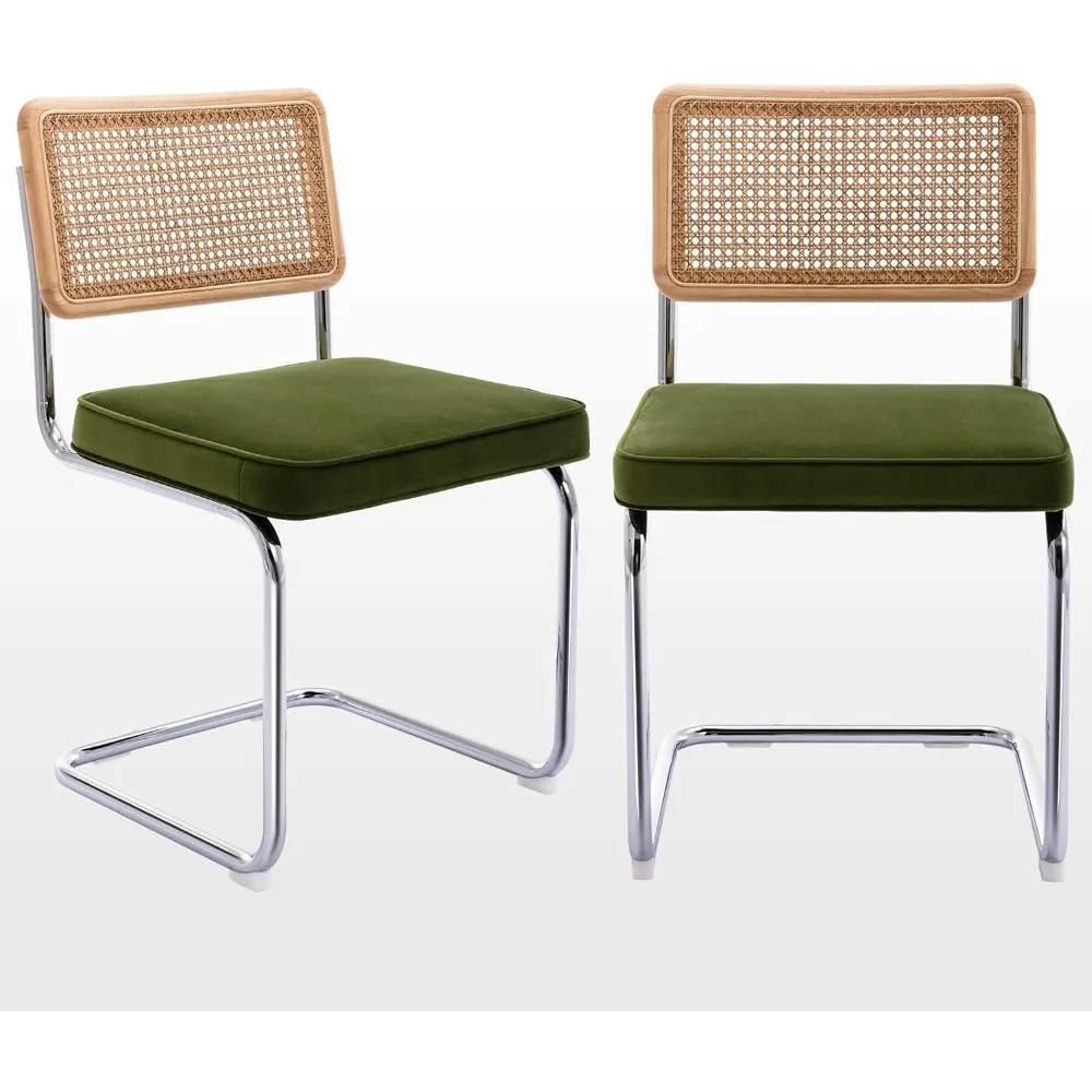 

Mid Century Modern Dining Chairs Set of 2,Velvet Accent Chairs with Natural Cane Back&Stainless Chrome Base Kitchen Chairs,Green