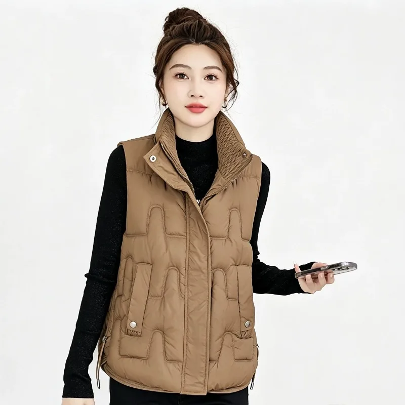Women Autumn Winter Stand Collar Puffer Vest Loose Warm Thickened Gilet Zipper Solid Windproof Pockets Jackets Female Outerwear