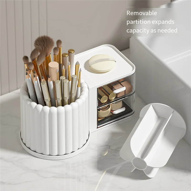 ABBN-Organizador de soporte para brochas de maquillaje con 2 cajones, 360 °   Encimera giratoria del organizador del maquillaje, vitrina de capacidad fácil de usar Pi