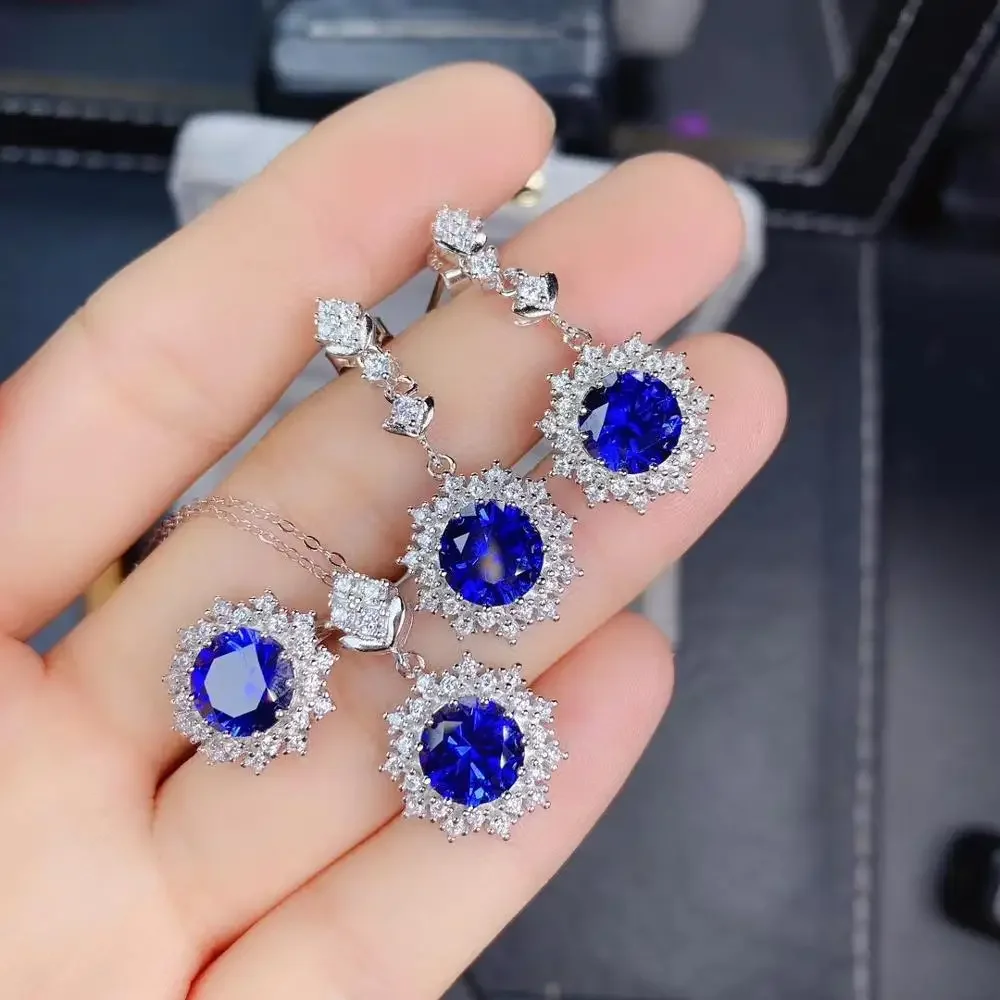

Natural Sapphire 925 Sterling Silver Popular Girls New Gem Pendant Ring Earring Set Support Test Carry Certificate