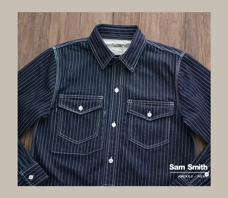 

12.5oz Heavyweight American Vintage Casual Amekaji indigo Denim Shirts for men 100% Cotton Workwear Tops Youth Male High Quality