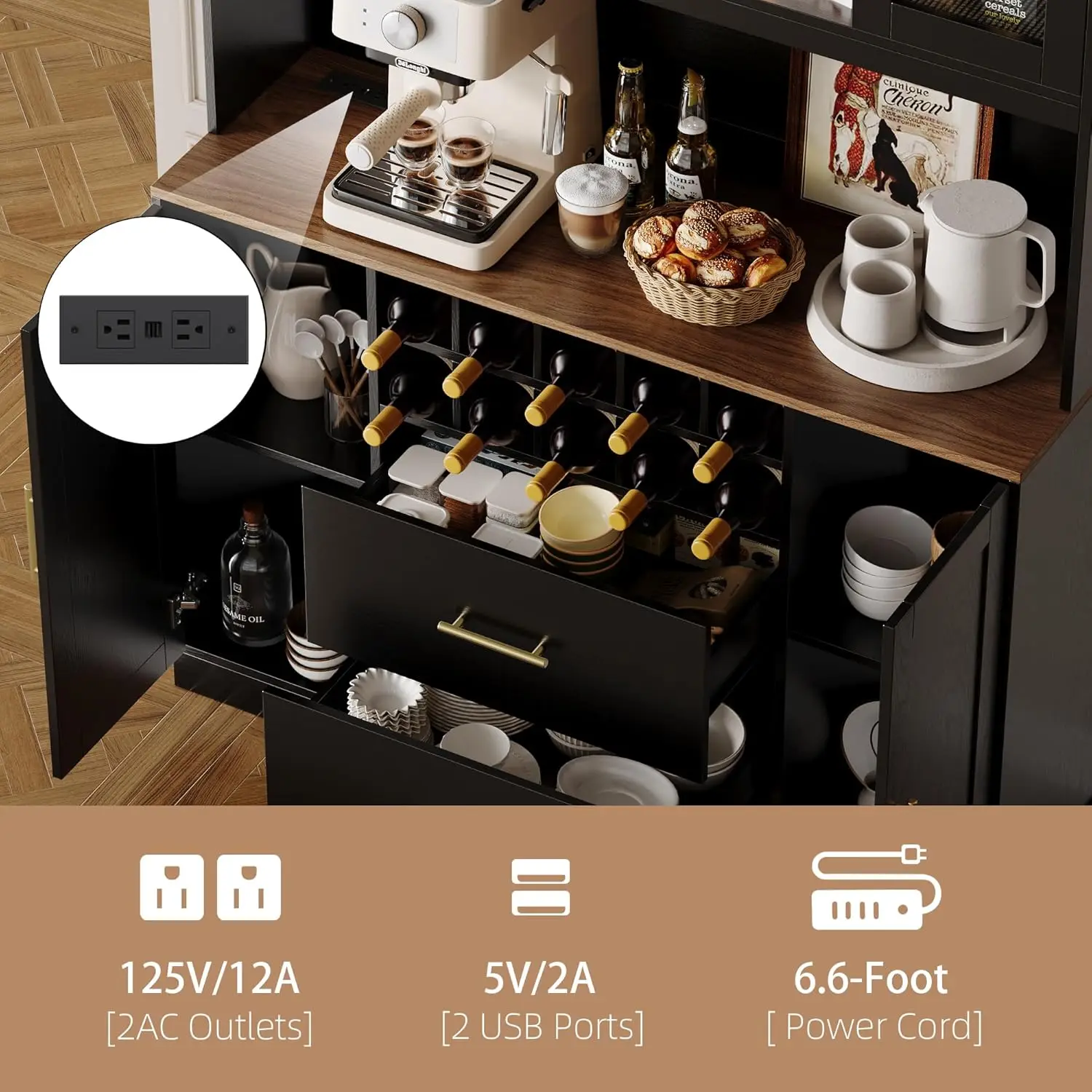 71인치 주방 팬트리 캐비닛, 전자레인지 스탠드 포함, 5개의 캐비닛, 2개의 서랍, 10개의 와인 랙, 모던 블랙 허치