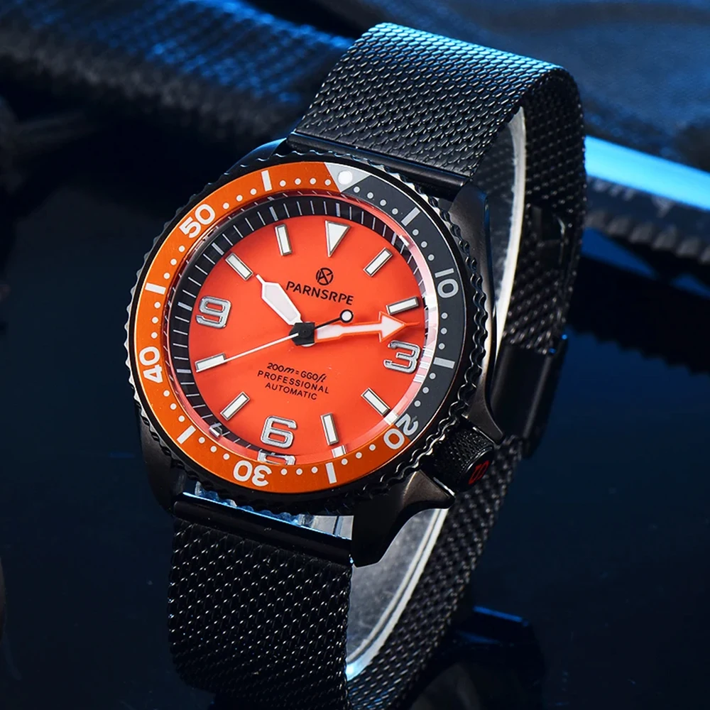 PARNSRPE 새로운 스타일 42mm NH35 자동 기계식 남성용 다이빙 손목시계 빛나는 방수 사파이어