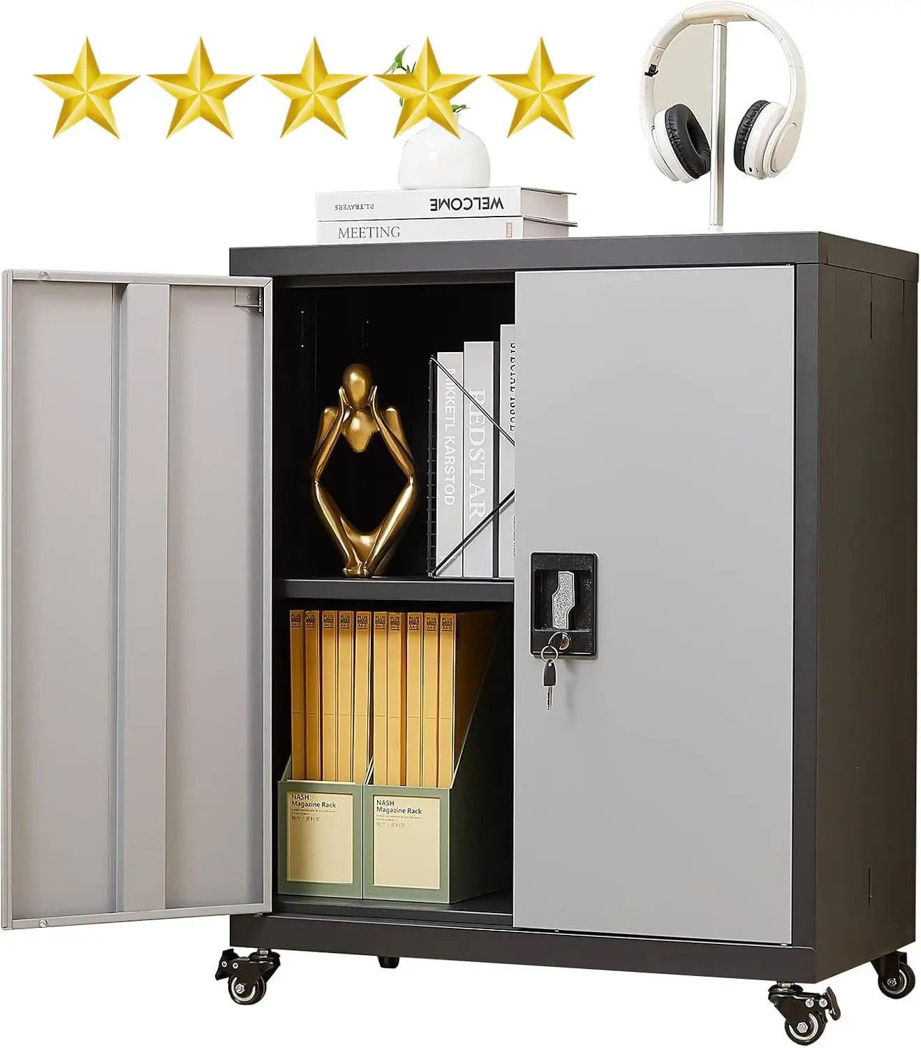 

NEW Metal Storage Cabinet with Locking Doors and Wheels,Garage Cabinet with Shelves for Home Office, Gym, School,Black+Grey