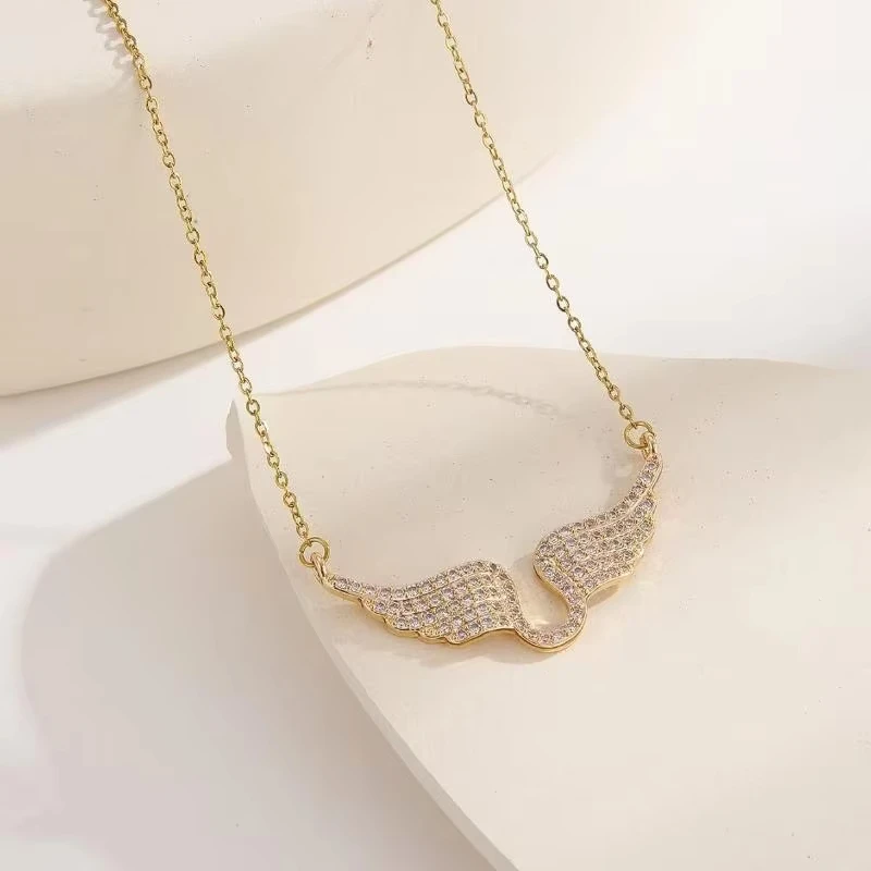 FTCY 1PC Angel Wing Necklace For Women  Gold Color Angle's Wings Fashion Cubic Zirconia Necklace Titanium Steel Clavicle Chain
