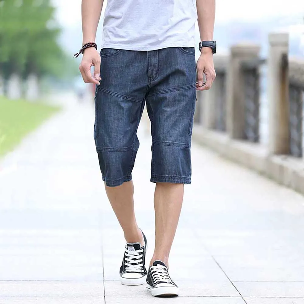 Fashion Summer Denim Men\'s Casual Jeans Shorts Straight Loose Baggy Cargo Short Side Zipper Pocket Plus Size Streetwear Clothing