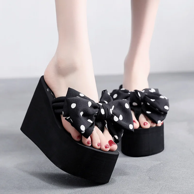 Summer Slippers Women Wedges Sandals Super High Heels Ladies Fashion Flip Flops Cute Bowknot Female Party Shoes Plus Size Slides