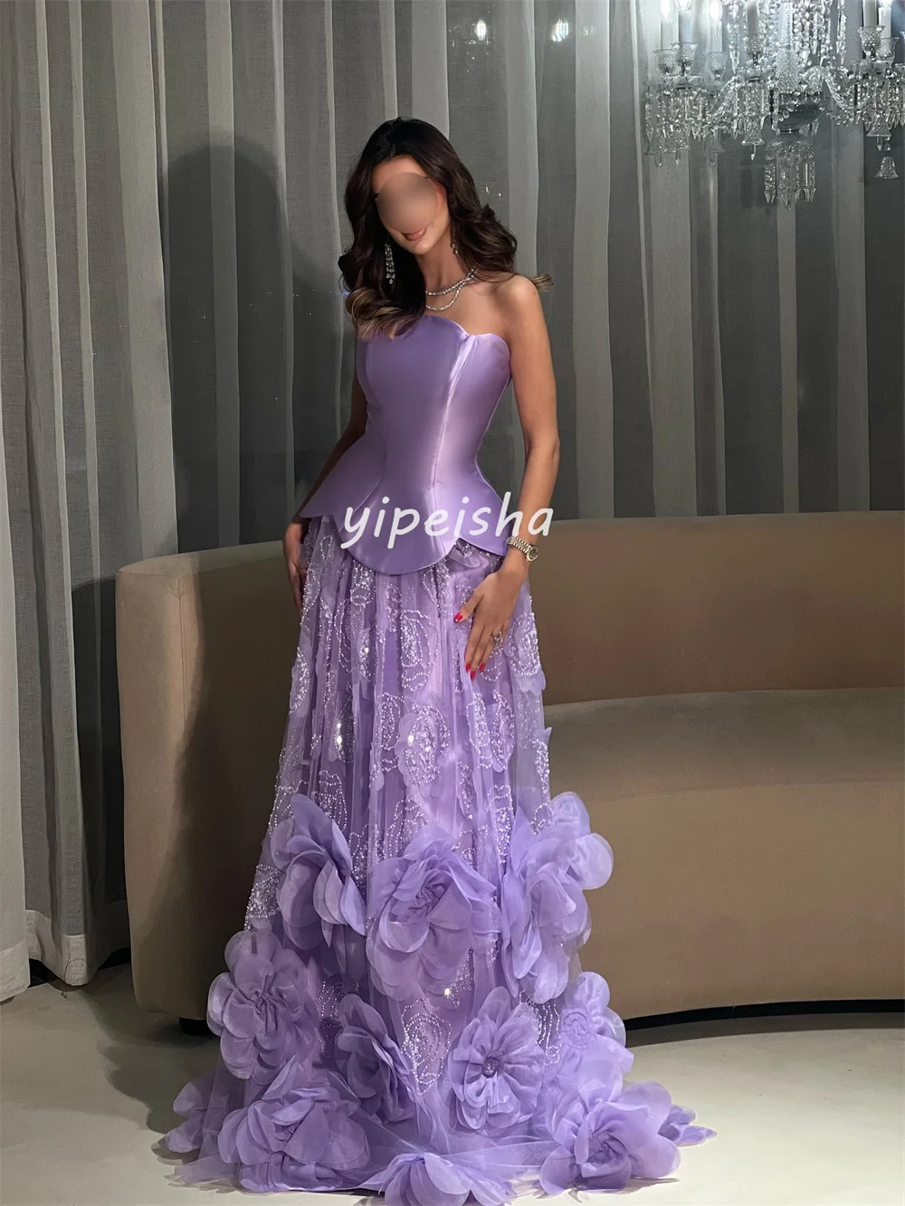 Sukienki szyte na miarę, seksowne, ręcznie robione, z kwiatami, koralikami i cekinami, o kroju litery A, bez ramiączek, długie, na specjalne okazje, dostępne różne rozmiary.