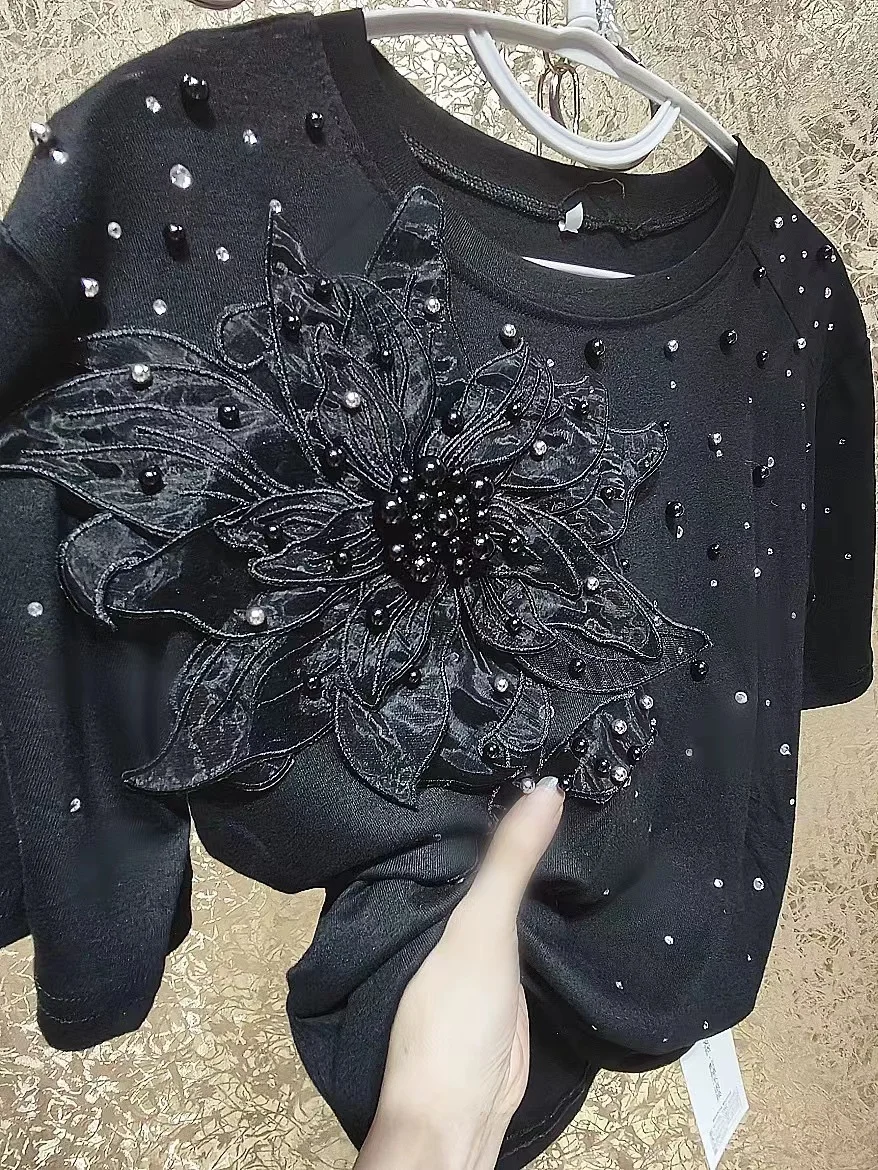 Luxury Style Beaded Diamonds T-shirt  3D Flowers Cotton T-shirts Short Sleeve Black Jumpers Tops Tees Women Clothes