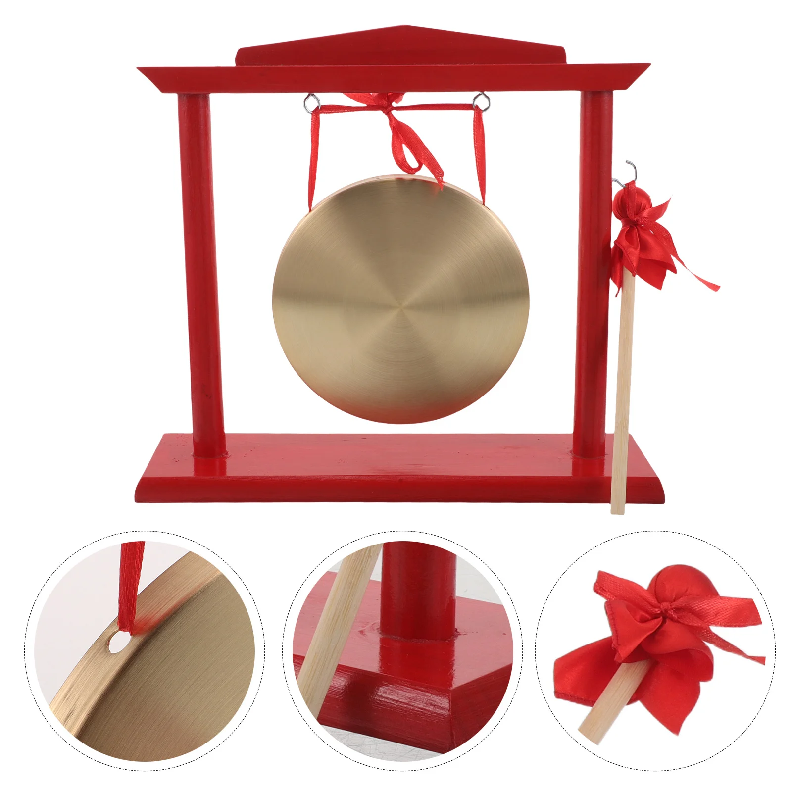 

Wooden Stand Chinese Brass Gong Hammer Decorative Gong Business Opening Mini Table Top Percussion Instrument Chinese Drum