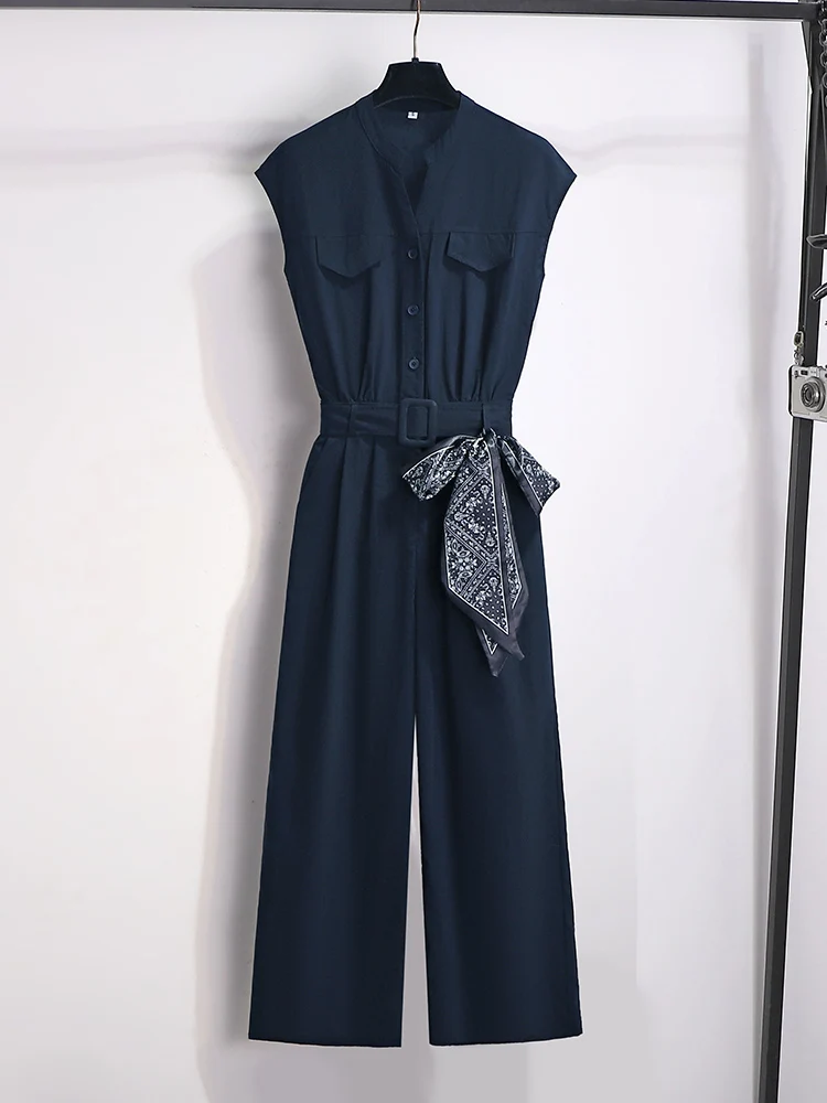 

Женский летний комплект-комбинезон Ele: элегантный, с длинными брюками и коротким рукавом, V-образный вырез, из смесового полиэстера и нейлона, на пуговицах.