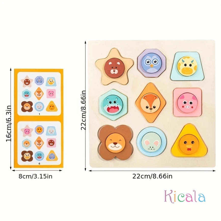 18ピース 大型動物＆形合わせボード 木製カラー 形状学習、教育パズル ギフトに最適 認知玩具
