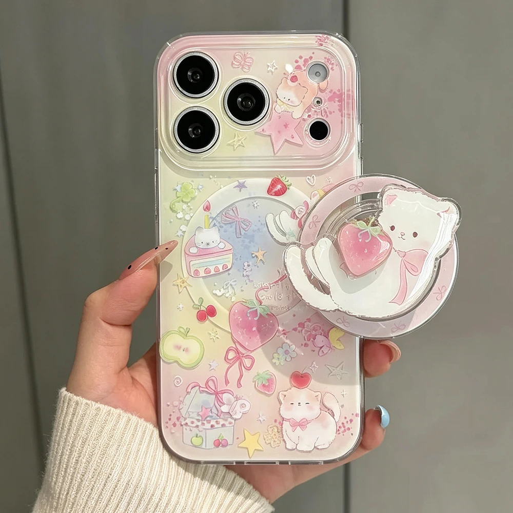 Ins Cartoon Erdbeer-Kätzchen Niedliche Katze Magnetische Halterung Handyhülle für iPhone 18Promax 18pro 15 16 17Pro Max Hülle für Magsafe